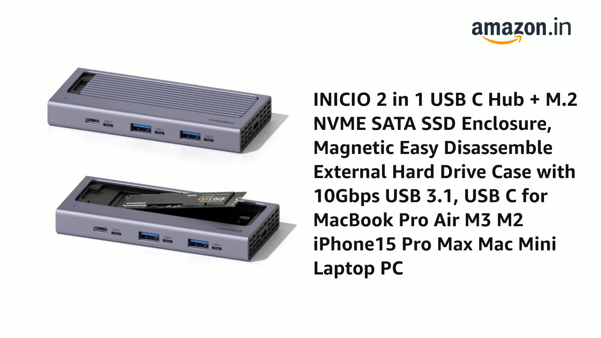 INICIO 2 in 1 USB C Hub + M.2 NVME SATA SSD Enclosure, Magnetic